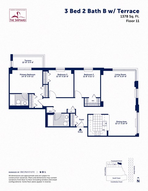 Floor plan for 3 beds, 2 baths, 1378 sqft